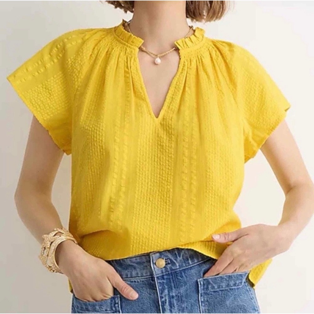 J.Crew Flutter Sleeve V-Neck Top in Cotton Dobby In Yellow Size XL Preppy Summer